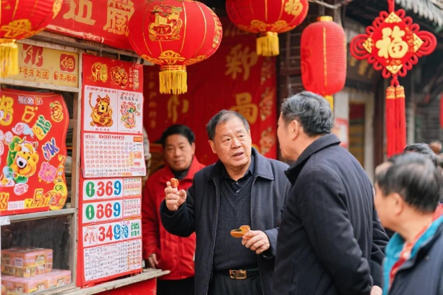 彩民在传统街头彩券摊前讨论生肖与数字的关系，背景有红色灯笼和中国结装饰