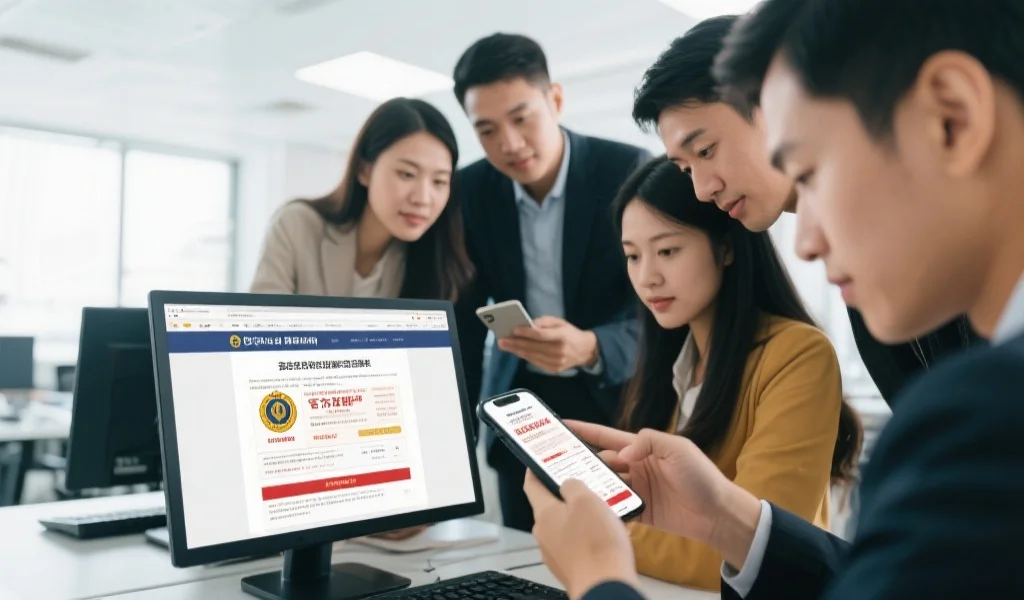 一组人正在认真浏览手机与电脑屏幕上的官方开奖公告页面，画面突出官方网站和官方认证标志，环境为明亮的办公室
