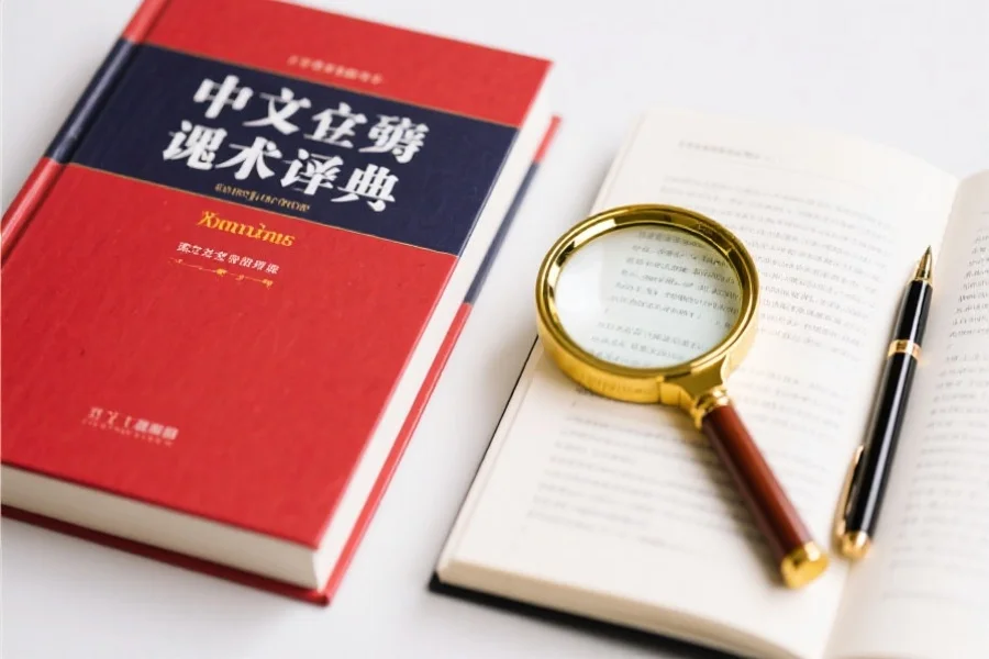 一本翻开的中文术语手册，旁边摆放着放大镜和笔，营造专业查阅氛围